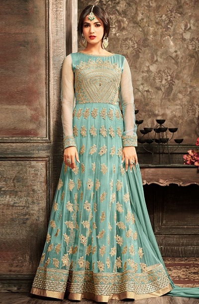 Floor length blue net salwar suit for ladies