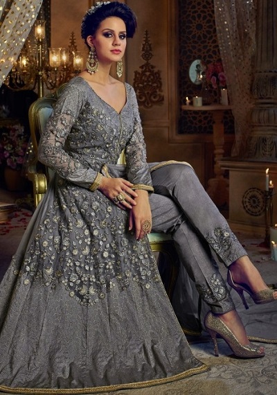 Floor length salwar churidar design in grey colour