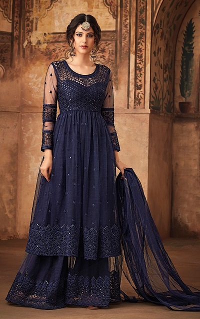 Frock style net kurta with net plazo for wedding