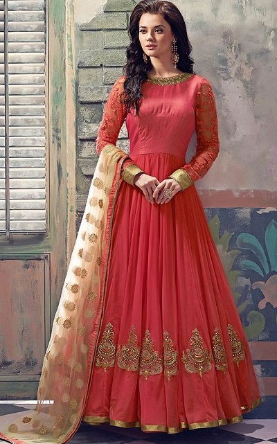 Frock style suit with golden net dupatta