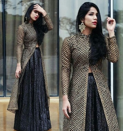 Gold long kurti with black netted skirt