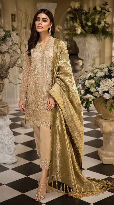 Golden Bridal Salwar Suit With Banarasi Silk Dupatta