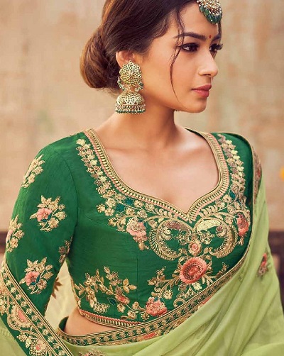 Grass green embroidered blouse for festivals