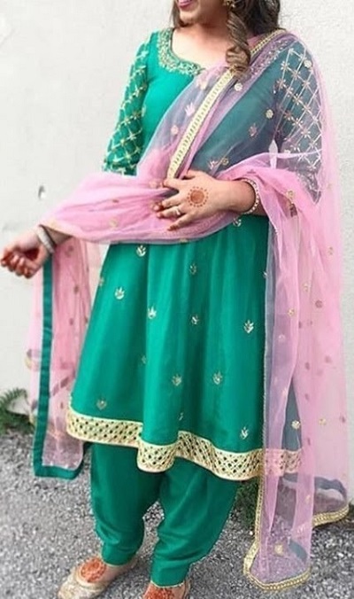 Green Frock Suit With Pink Net Dupatta