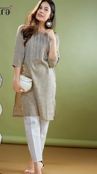 Grey and white kurti with pant design for women