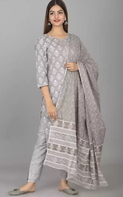 Grey printed kurti trouser and Dupatta set for everyday use