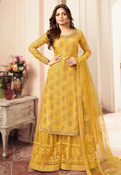 Jacquard and net fabric salwar plazo set for wedding