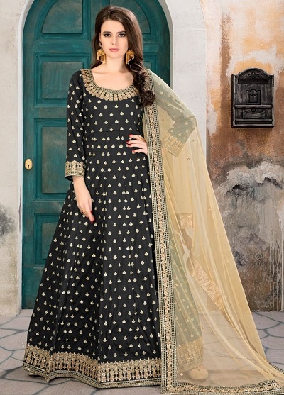 Long black embroidered Anarkali suit gown with dupatta
