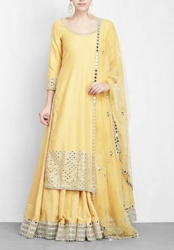 Long yellow mirror work straight cut kurta with lehenga and dupatta