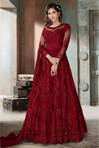 Maroon long net kurta with Sharara Pants for wedding