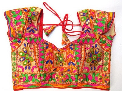 Mirror and multi colour thread work blouse design