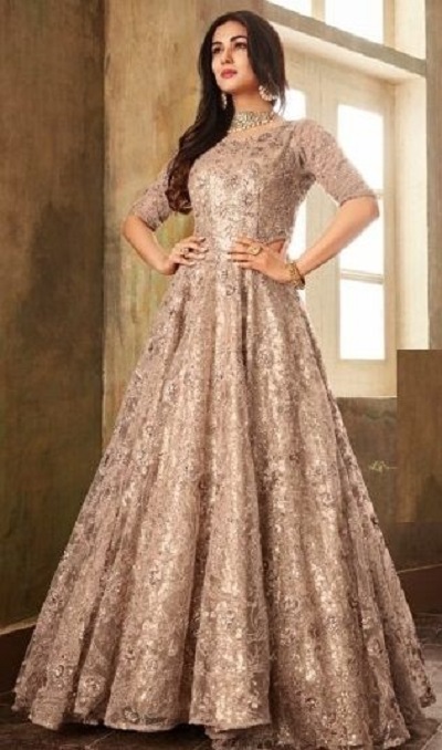 Net Indian style Golden gown with embroidery and sequin work