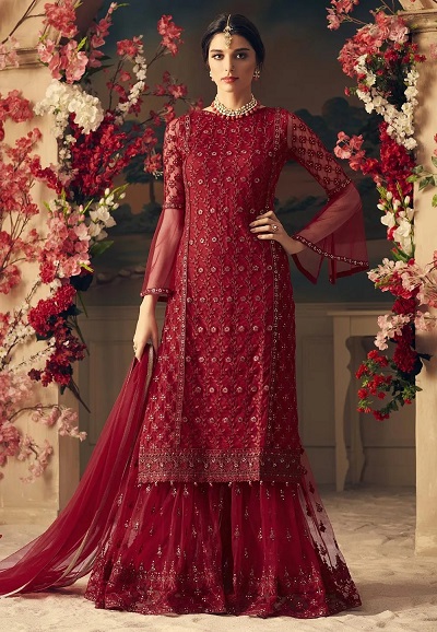 Net Maroon embroidered floor length salwar suit gown