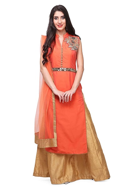 Orange embellished long kurta with gold panelled skirt