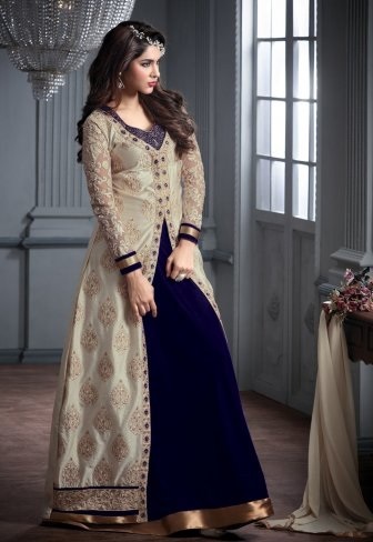 Party wear long floor length kurta with Centre slit and blue skirt