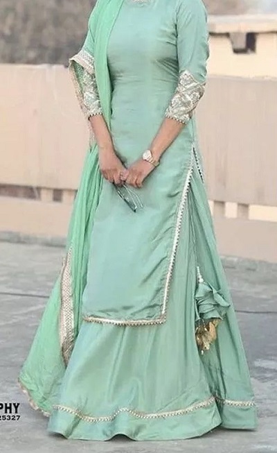 Party wear mint green long kurta with A line skirt