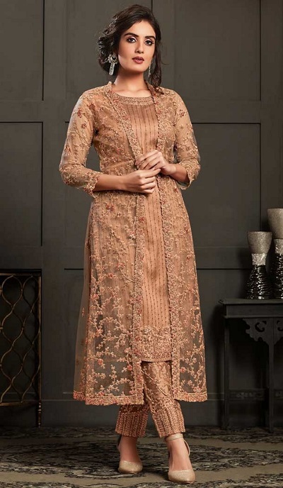 Peach coloured jacket style net kurti trouser pant for wedding