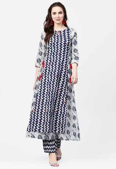 Printed blue and white cotton kurti pant set for summers