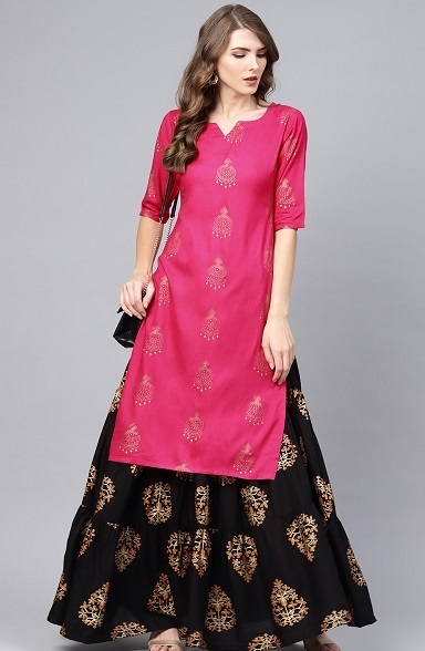 Rayon straight cut kurta with gold foil printed skirt