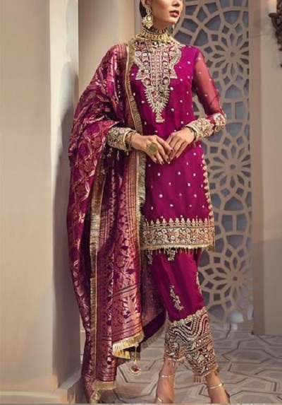 Rich wine coloured suit salwar with heavy Dupatta for Punjabi brides