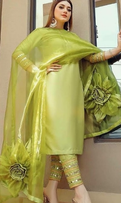 Satin green kurti with Silk green trousers with mirror work