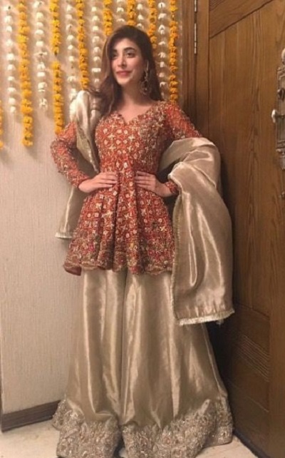 Short Frock Suit With Golden Palazo And Dupatta