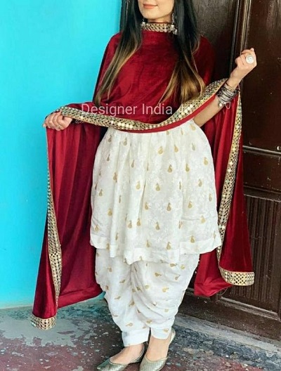 Short White Frock Suit With Salwar And Velvet Red Dupatta