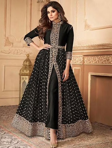 Stylish Floor Length Anarkali Black Gown With Trouser Pants