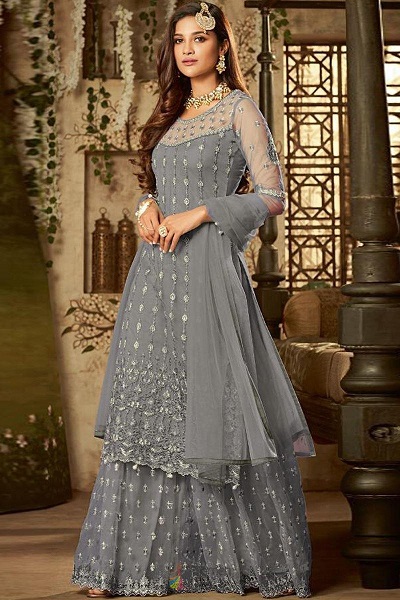 Stylish Net grey colour Sharara suit for party