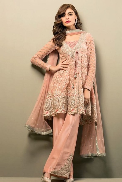 Stylish Peach Coloured Suit Embroidery For Parties