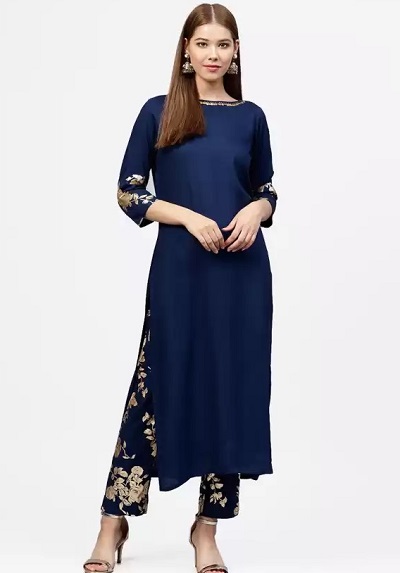 Stylish blue art Silk kurti trouser set for parties
