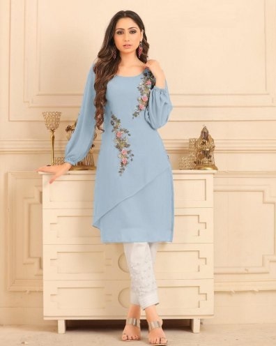 Stylish blue kurti in Georgette with white pants
