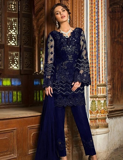 Stylish designer blue short kurti with trouser for parties