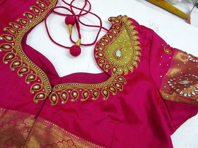Stylish embroidered blouse design for Pattu silk sarees