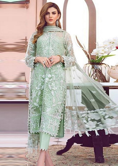 Stylish mint green net long suit trouser pant pattern