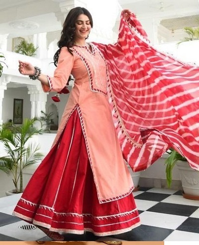 Stylish pink Kurta with Maroon skirt and dupatta