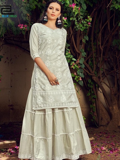 Thread work white kurta with long A line skirt