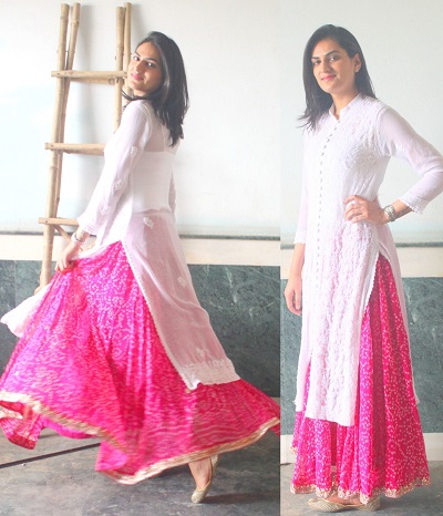White Long Work Kurta With Banarasi Skirt