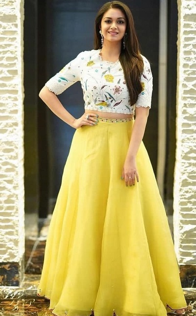 White and yellow crop top lehenga pattern for parties