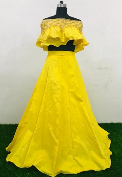 Yellow Designer Crop Top With Skirt