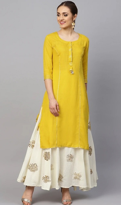 Yellow Georgette kurta with white Georgette printed skirt