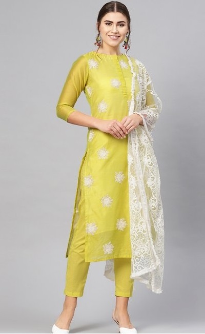 Yellow Silk kurti trouser with white net dupatta