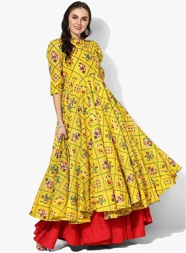 Yellow printed Anarkali kurta with A line red skirt