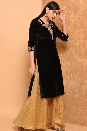 Black long straight cut kurta with golden skirt