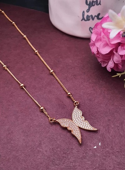 Butterfly Style Stone Studded Pendant With Thin Gold Chain