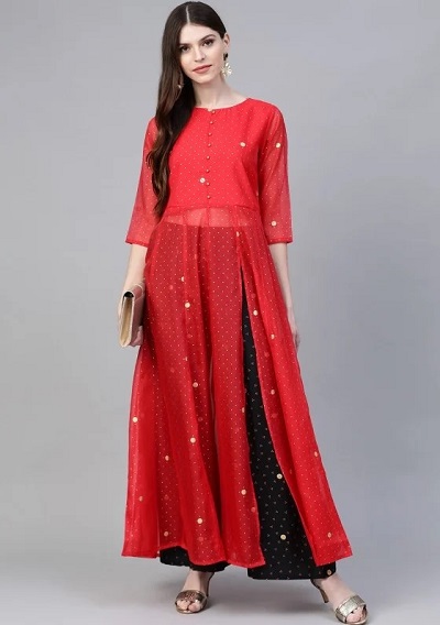 Long Georgette Side Cut Kurti With Black Palazzo For Parties