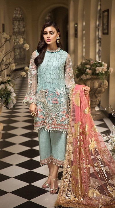 Stylish Bridal Sea Green Suit With Pink Heavy Dupatta