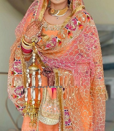 Stylish Orange And Pink Bridal Suit With Heavy Dupatta