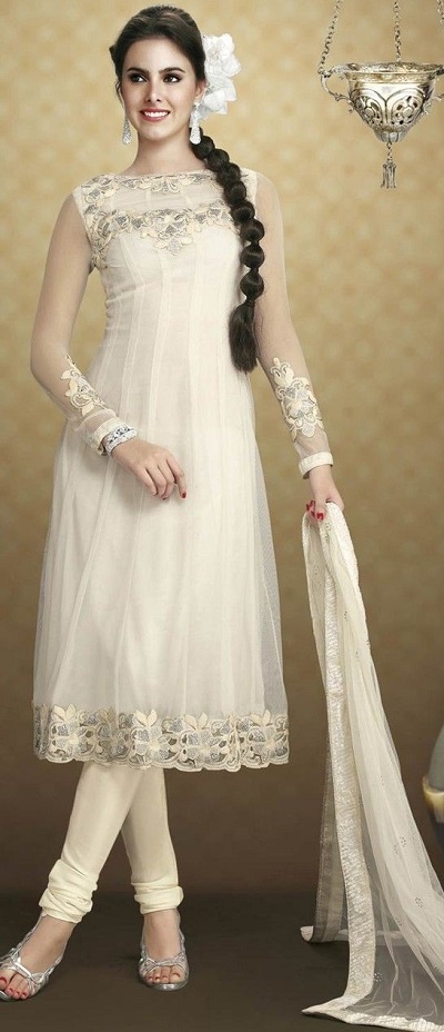 Anarkali White Embellished Suit With Churidar