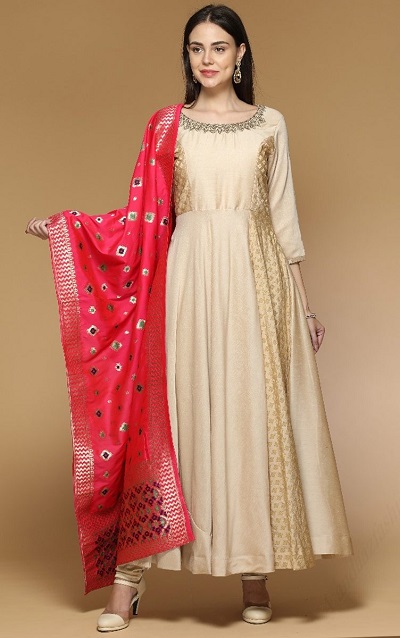 Beautiful golden Anarkali suit with red dupatta